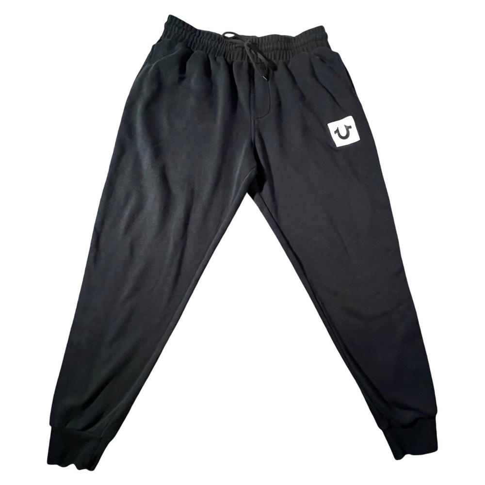 True Religion Jogger Sweatpants Mens Large Black Logo Tape Horseshoe Side Stripe